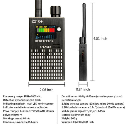 G318 Wireless RF Signal Detector | Detect Hidden Cameras, GPS Trackers, Listening Devices | Portable Privacy Protection | Highest Sensitivity & Multiple Modes | Wide Coverage Surveillance Tool