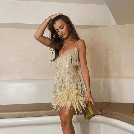 Flamenco Party Dress | Sequined Cocktail Dress with Spaghetti Straps | Feathers at Hem | Nine Colors | 1920s Glamour | Unique Event Fashion