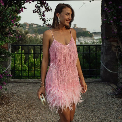 Flamenco Party Dress | Sequined Cocktail Dress with Spaghetti Straps | Feathers at Hem | Nine Colors | 1920s Glamour | Unique Event Fashion