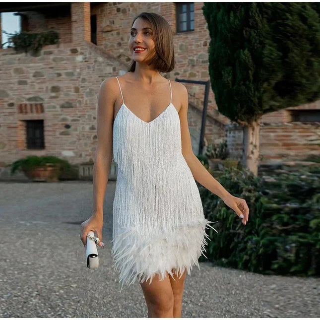 Flamenco Party Dress | Sequined Cocktail Dress with Spaghetti Straps | Feathers at Hem | Nine Colors | 1920s Glamour | Unique Event Fashion