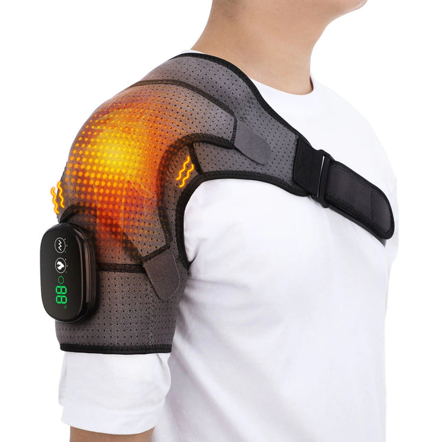 Wireless Heating Shoulder Massager | Adjustable Strap | USB Rechargeable | 3 Heat & Vibration Levels | Neoprene Material | LED Temperature Display | Suitable for Both Shoulders | Pain Relief | Easy to Use