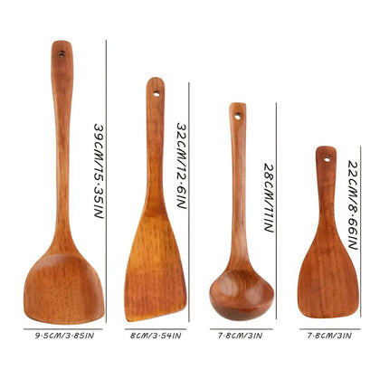 Premium 4-Piece Wooden Kitchen Utensil Set | Durable Hardwood Tools | Scratch-Free for Non-Stick Cookware | Includes Ladle, Spatulas & Spoon | Easy to Clean | Space-Saving Storage with Hanging Holes