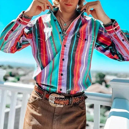 Armoire Melbourne Men's Casual Loose Fit Retro Color Block Striped Long Sleeve Shirt | Soft Lightweight Fabric | Versatile Fashionable Top for Everyday Comfort | Bold Stripe Pattern | Ideal for Relaxed Outings