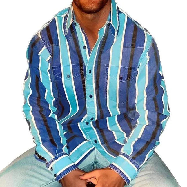 Armoire Melbourne Men's Casual Loose Fit Retro Color Block Striped Long Sleeve Shirt | Soft Lightweight Fabric | Versatile Fashionable Top for Everyday Comfort | Bold Stripe Pattern | Ideal for Relaxed Outings