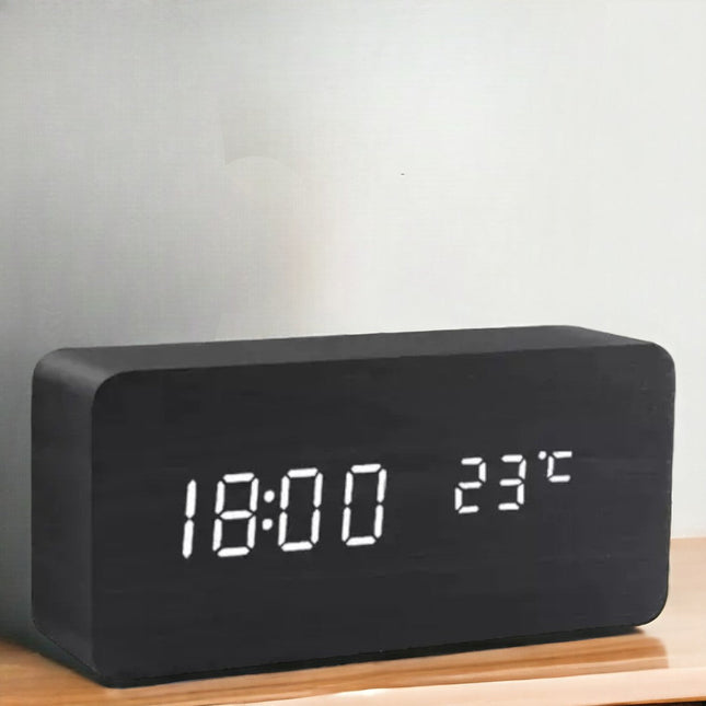 Wood Look LED Alarm Clock | Voice Control | Customizable Alarms | Adjustable Brightness | Temperature Display | Bedroom Decor
