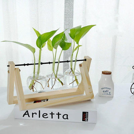 Handcrafted Glass Propagation Station | A-Frame Wooden Stand | Transparent Terrarium for Plant Roots Observation | Decorative Vase for Windowsills & Events | Easy Assembly | Perfect Gift for Plant Lovers