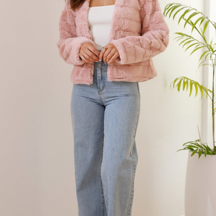 Luxe Women's Soft Faux Fur Crop Jacket | Veloura | Chic Cropped Design | Line Patterns | Metal Claw Clasp | Warm & Stylish | Versatile Outerwear | 100% Polyester | Available in XS - XL