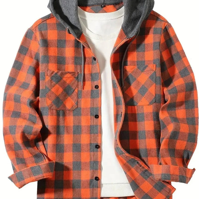 TIM | Men's Slim Fit Hooded Plaid Shirt | Casual Long Sleeve Streetwear | Versatile Lightweight Jacket