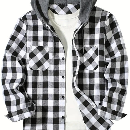 TIM | Men's Slim Fit Hooded Plaid Shirt | Casual Long Sleeve Streetwear | Versatile Lightweight Jacket