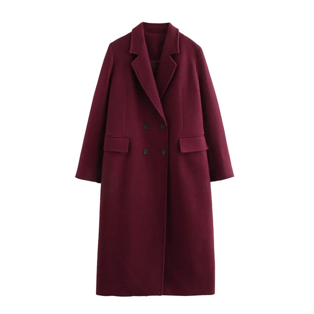 ELEANOR | Women's Double-Breasted Long Coat | Turn-Down Collar | Tailored Silhouette with Functional Pockets | Long Sleeves for Warmth | Elegant Outerwear for Everyday and Office Wear