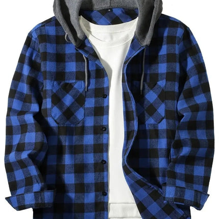TIM | Men's Slim Fit Hooded Plaid Shirt | Casual Long Sleeve Streetwear | Versatile Lightweight Jacket