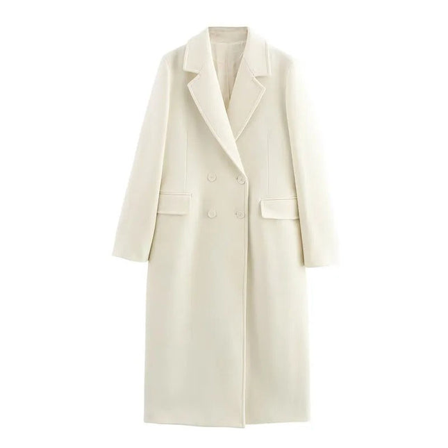 ELEANOR | Women's Double-Breasted Long Coat | Turn-Down Collar | Tailored Silhouette with Functional Pockets | Long Sleeves for Warmth | Elegant Outerwear for Everyday and Office Wear