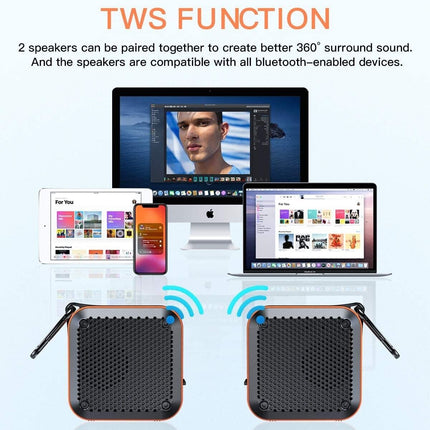 Portable Bluetooth Speaker | Waterproof IP67 | 5W HD Stereo Sound | TWS Pairing | 12H Playtime | Metal Hook | Supports TF Card | Built-in Mic | Bluetooth 5.0 | 66 Ft Range | FM Radio