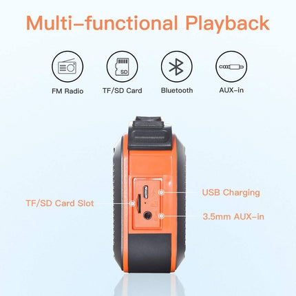 Portable Bluetooth Speaker | Waterproof IP67 | 5W HD Stereo Sound | TWS Pairing | 12H Playtime | Metal Hook | Supports TF Card | Built-in Mic | Bluetooth 5.0 | 66 Ft Range | FM Radio