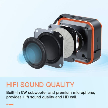 Portable Bluetooth Speaker | Waterproof IP67 | 5W HD Stereo Sound | TWS Pairing | 12H Playtime | Metal Hook | Supports TF Card | Built-in Mic | Bluetooth 5.0 | 66 Ft Range | FM Radio